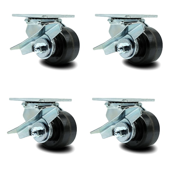 3.25 Inch Phenolic Swivel Caster Set with Roller Bearings and Brakes SCC